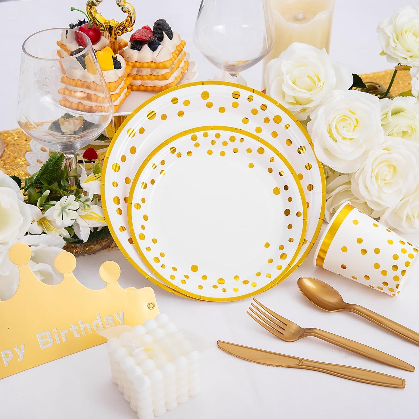 Supernal 350pcs White and Gold Plates & Napkins Party Supplies,10inch Birthday Plates 7inch White and Gold Paper Plates Gold Plastic Forks,Knives,Spoons,White Napkins Cups Served 50 Guest for Birthday
