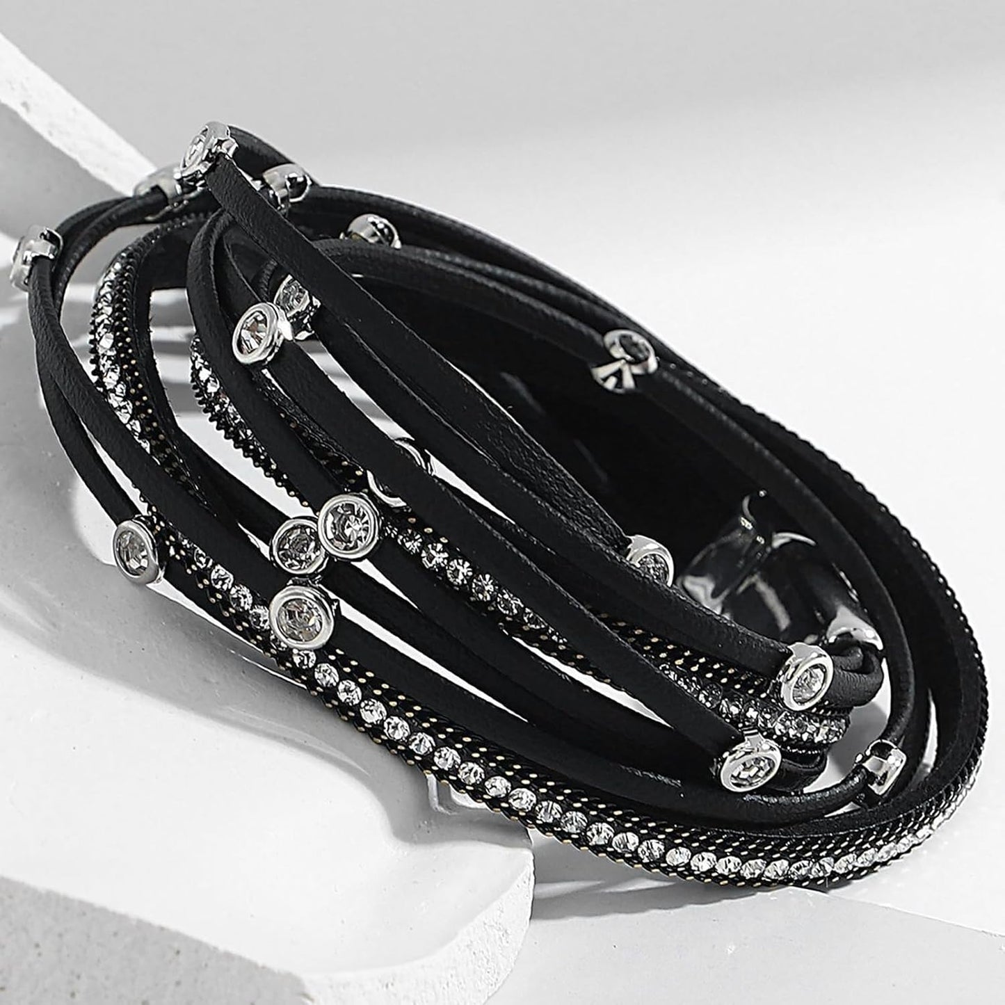 Fesciory Leopard Bracelet for Women, Boho Leather Wrap Multi-Layer Pearl Crystal Bracelet Bangle Jewelry