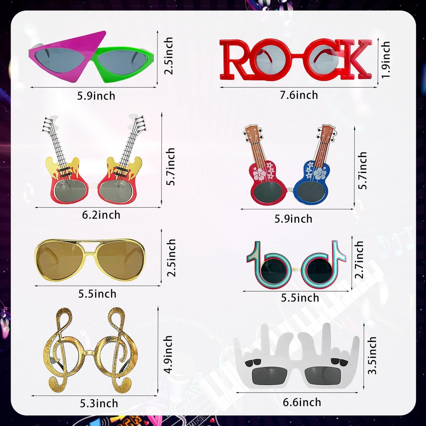 Large Rock Star Funny Sunglasses Set, Rock and Roll Party Funny Music Sunglasses, Inflatable Guitar Microphone for 70s, 80s, 90s, Music Party, Photo Booth Props for Carnival Rock and Roll Party