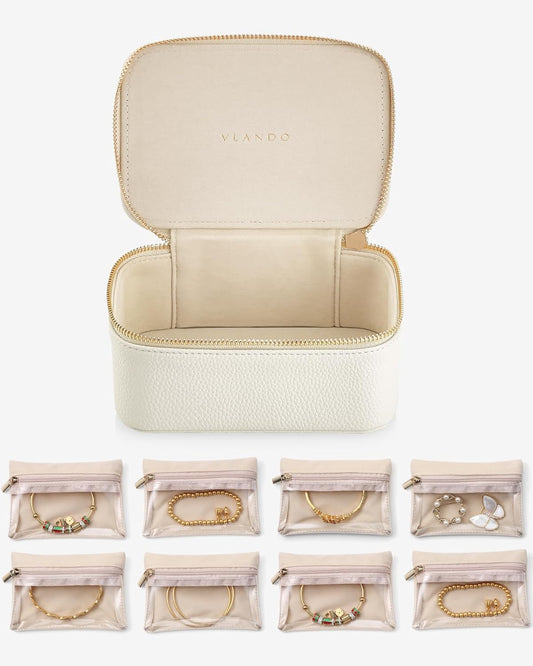 Vlando Travel Jewelry Organizer,PU Leather Jewelry Case Box for Travelers with 8 Pcs Claer Velvet Jewelry Bags Wedding Gifts for Women-White