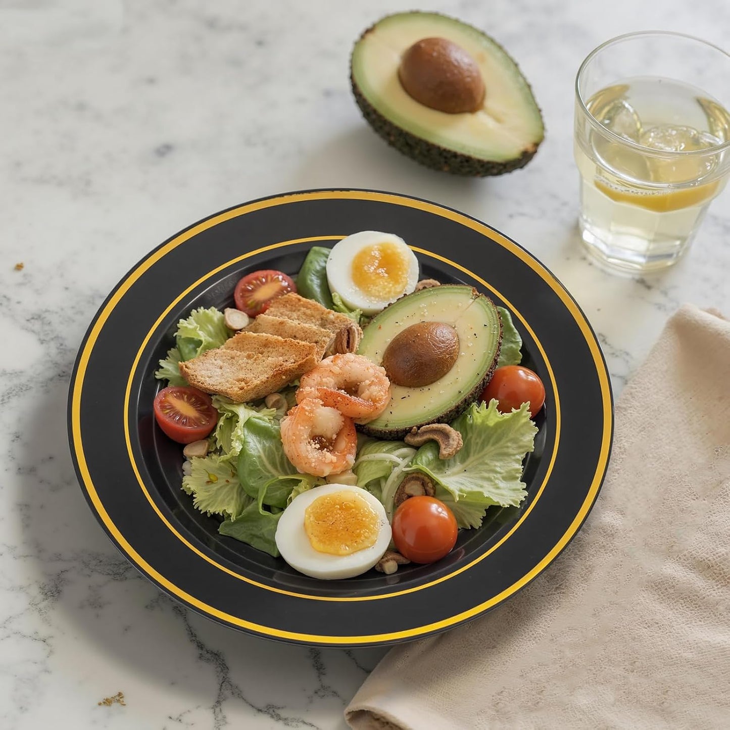 bUCLA 200PCS Black and Gold Plastic Plates - 6.25inch Black with Gold Rim Disposable Dessert/Salad/Appetizer/Small Cake Plates - Ideal for Party & New Year