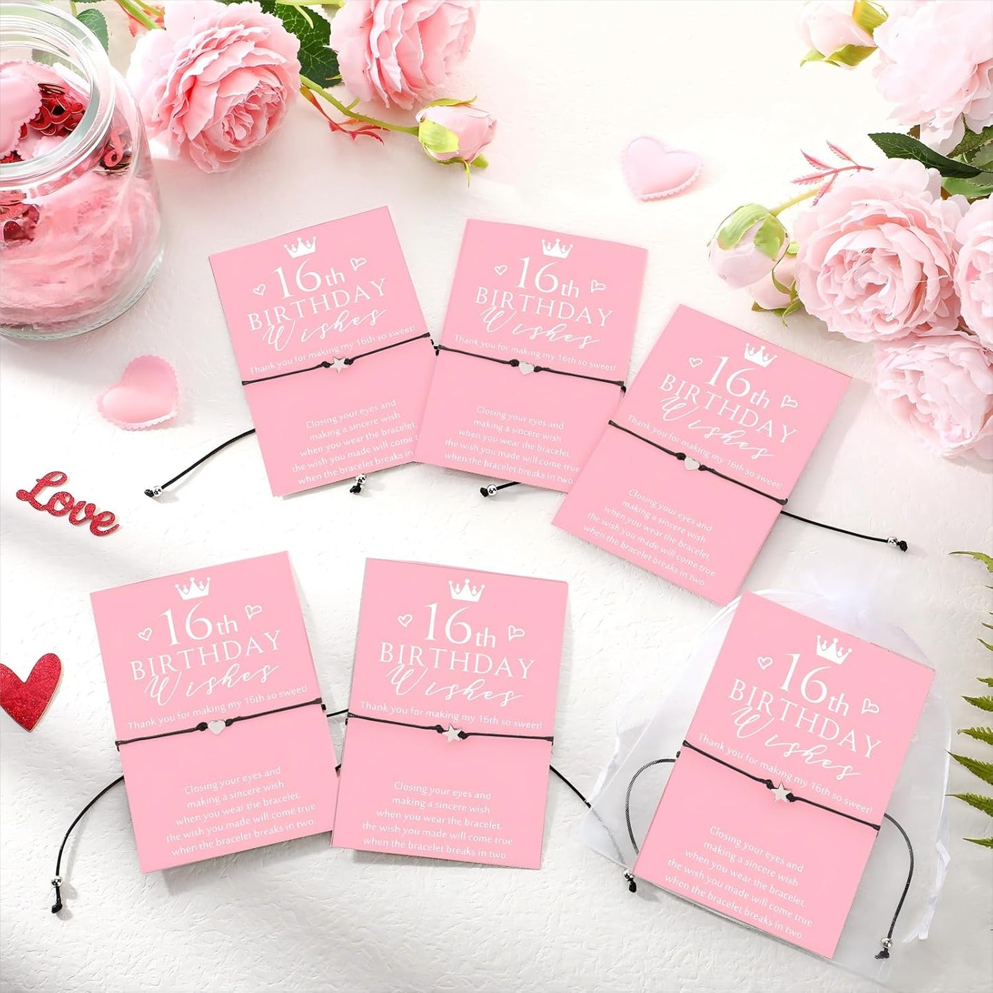 Misdary 25 Set Sweet 16th Birthday Wish Party Favors for Guests Include Adjustable Heart Charm Star Bracelets Gift with Thank You Wish Cards for Birthday Souvenirs Party Supplies Decor