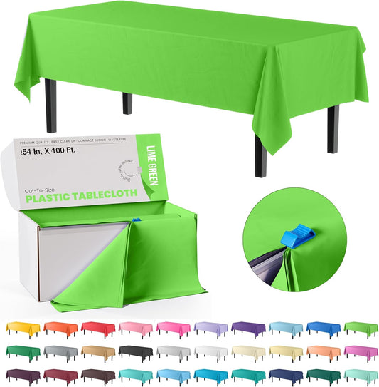 Exquisite Lime Green Plastic 54x100in Rectangular Tablecloth Roll with Built-in Cutter, 100 Feet, All-Season