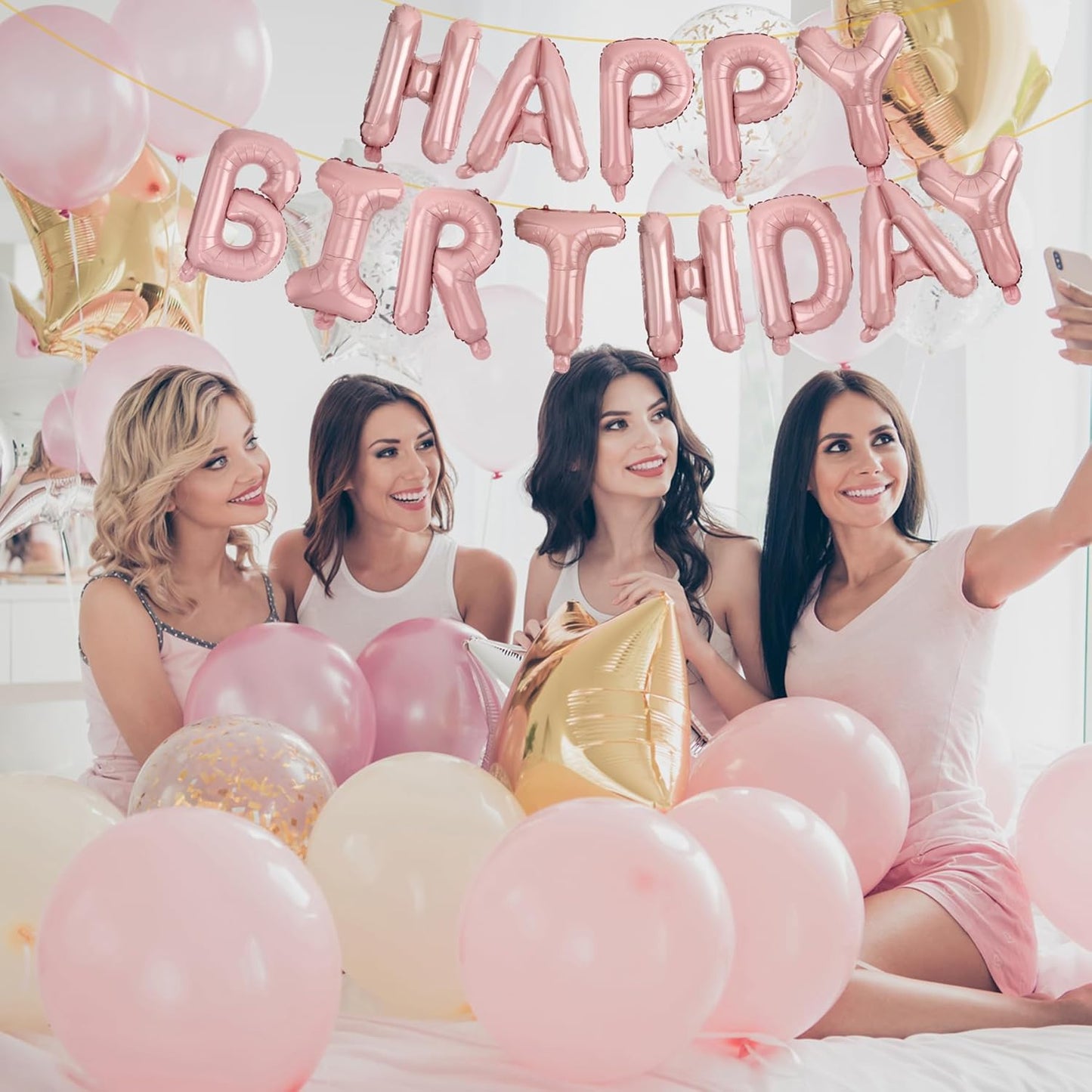 LIOZEOKUN Happy Birthday Balloon Letters 16 inch Mylar Foil Birthday Balloons Banner Sign for Birthday Party Decorations Supplies (Light pink)