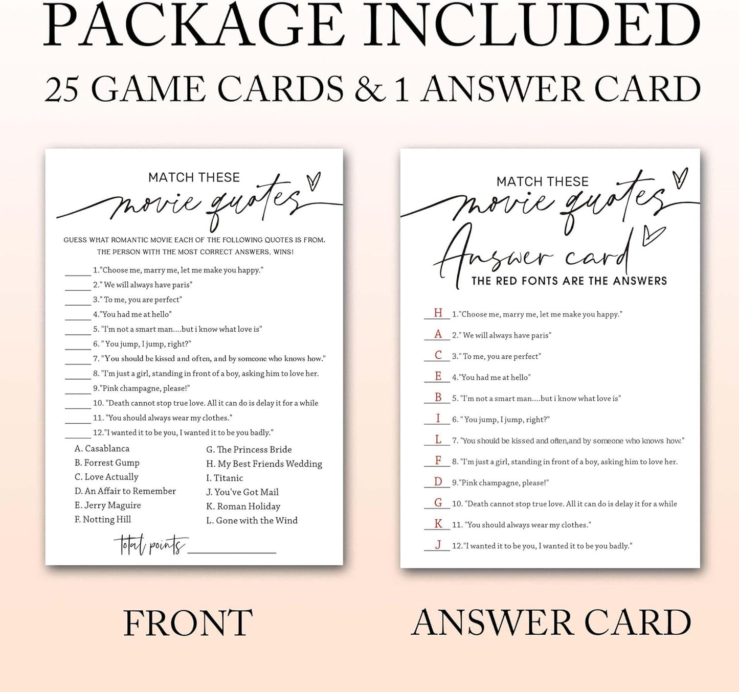 Wedding Shower Games Cards, Match These Movie Quotes, 25 Game Cards with 1 Answer Card, Engagement Party Wedding Games for Guests, Minimalist White Wedding Party Supplies - A09