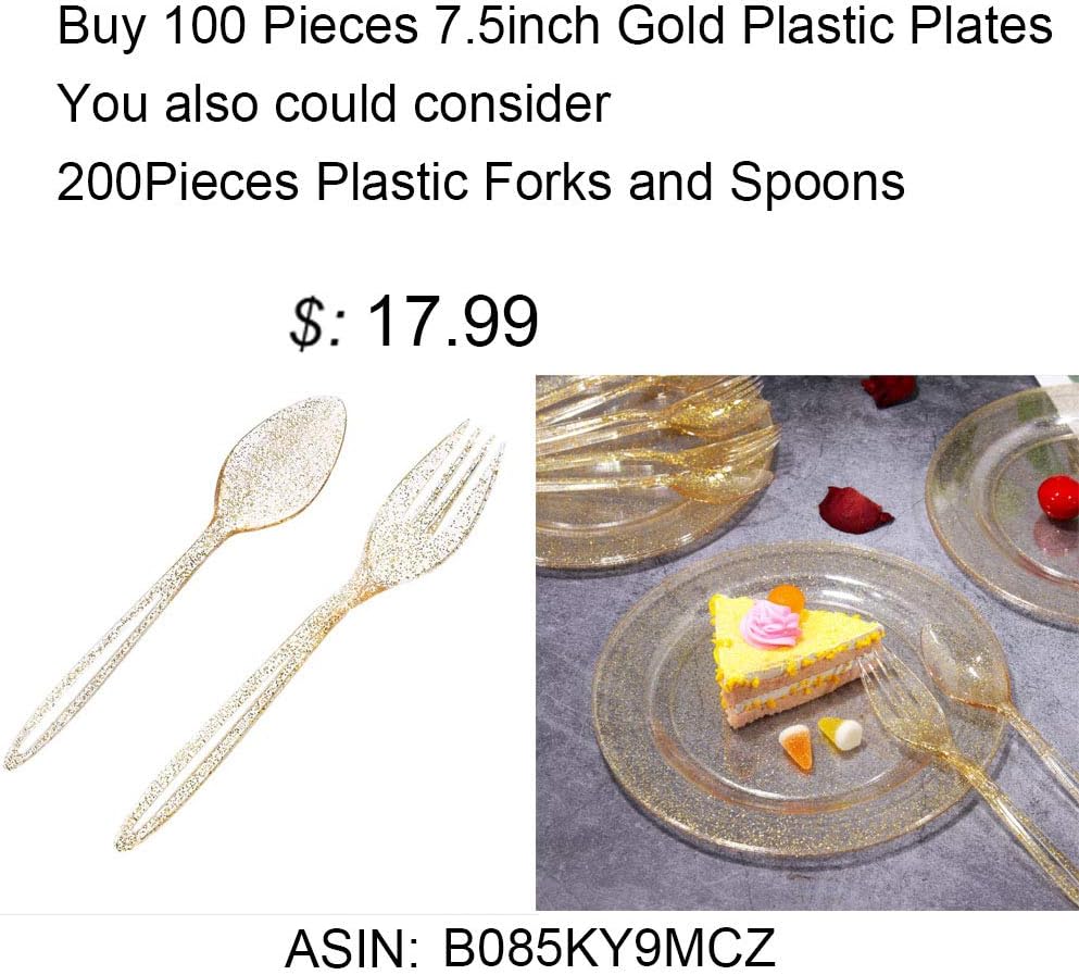 Liacere 100Pieces Gold Plastic Plates-Disposable Gold Glitter Appetizer Plates-7.5inch Premium Plastic Salad/Dessert Plates for Wedding & Parties & Thanksgiving