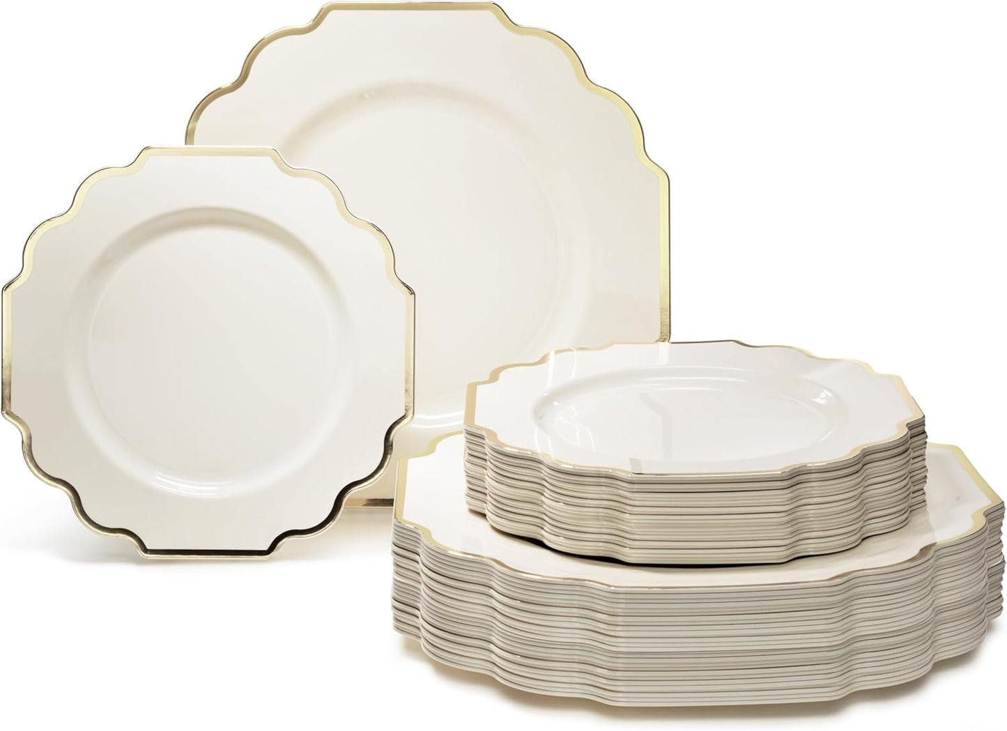 " OCCASIONS " 80 Plates Pack,(40 Guests) Heavyweight Wedding Party Disposable Plastic Plates Set -40 x 10.5'' Dinner + 40 x 8'' Salad/Dessert Plate (Imperial Ivory & Gold)