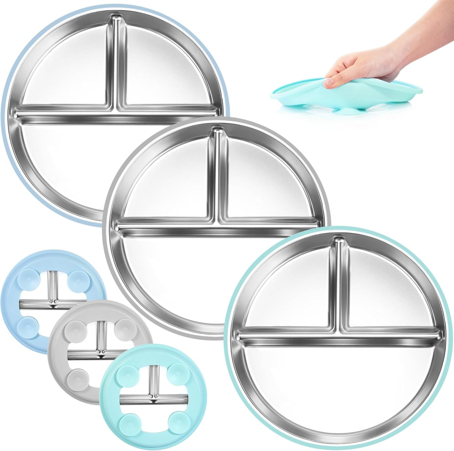 Stainless Steel Toddler Plates Silicone Suction,3 Packs Non-Slip Baby Plates,Divided Portion,Food-Grade Silicone Plate for Kids,LEAD-FREE Dishwasher Safe,Blue Mint Green Grey