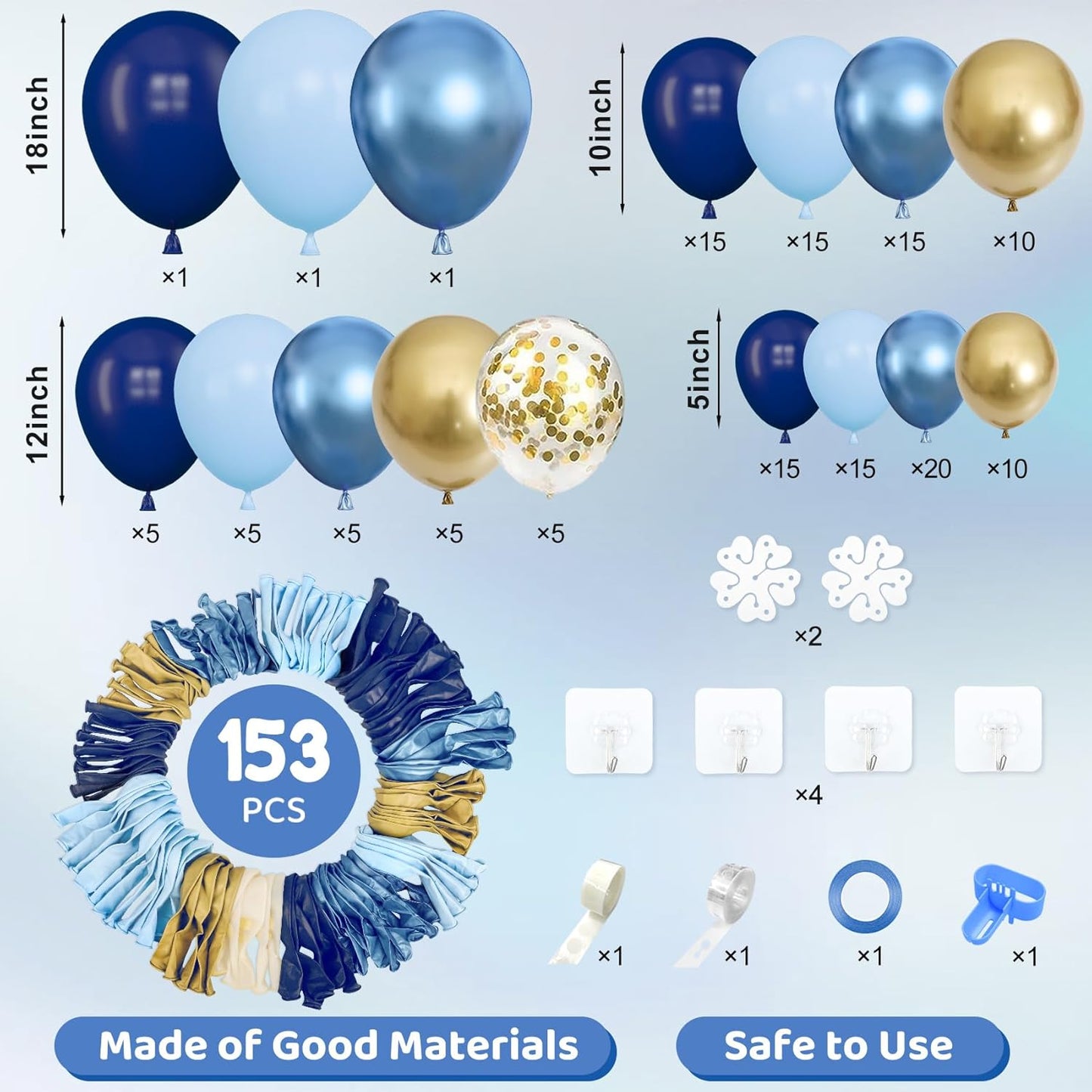 Amandir 153pcs Navy Blue Gold Balloon Garland Arch Kit, Different Sizes 18 12 10 5 inch Pastel Blue Latex Metallic Confetti Balloons for Boys Graduation Birthday Party Ocean Baby Shower Decoration