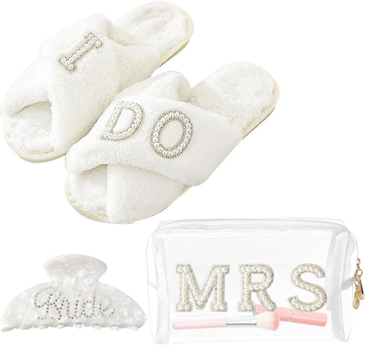 Bride To Be Gift Set - Makeup Bag, Slippers, Robe, Hair Clip - Wedding Gifts