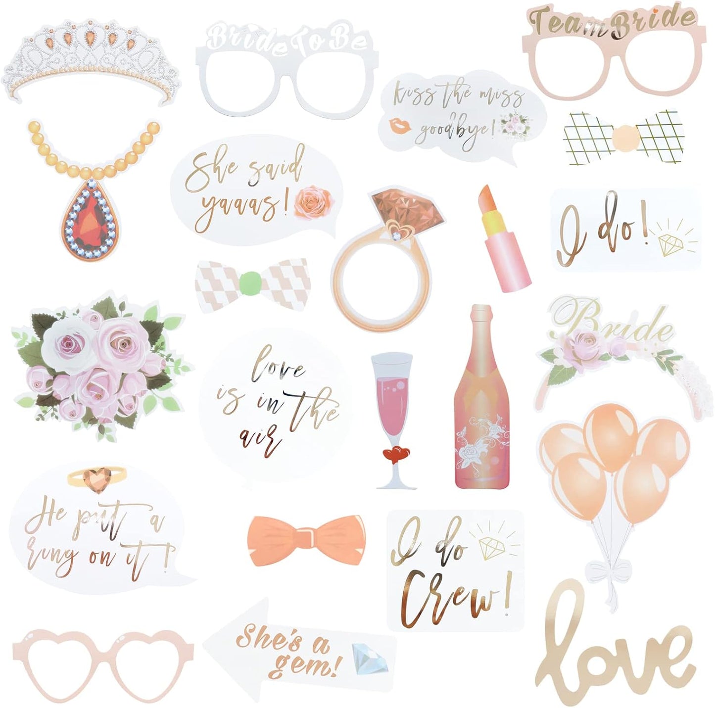 Wedding Bridal Shower Photo Booth Props, 23 Pieces Rose Gold Bachelorette Party Decorations Photo Booth for Bridal Shower Girls Night Out Hen Party Gift Accessories Wedding Favor Supplies