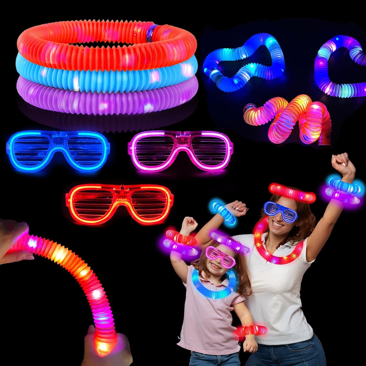 Glow Glasses & Light Up Pop Tubes 6 PCS, Christmas Glow in the Dark Sticks Party Favors Toys Gifts Stocking Stuffers for Kids, Xmas New Years Eve LED Bracelets Necklaces & Neon Sunglasses Accessories