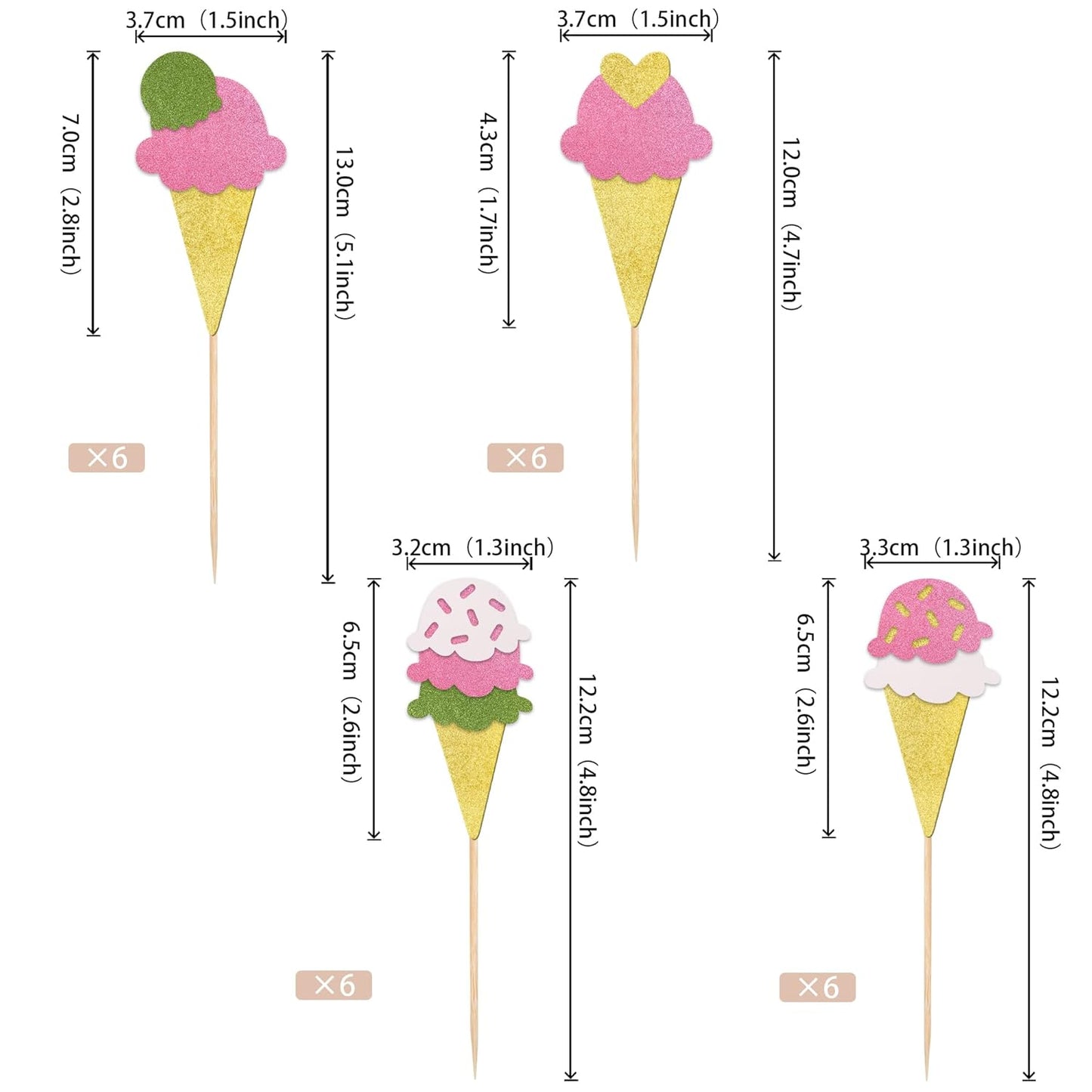 24 PCS Ice Cream Cupcake Toppers Assembled Glitter Paper Ice Cream Luau Cupcake Picks for Summer Hawaii Theme Baby Shower Wedding Birthday Anniversary Retro Party Cake Decorations Supplies