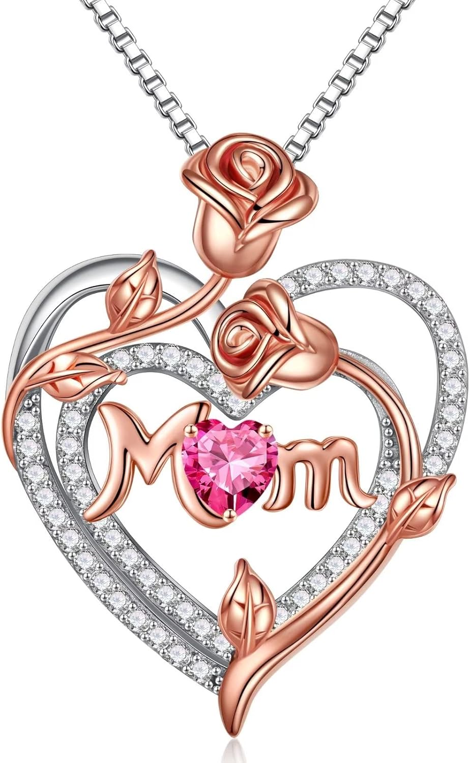 Iefil Christmas Gifts for Mom- 925 Sterling Silver Necklace, Rose Heart Birthstone Necklace, Stocking Stuffers for New/Step/Bonus Mom/Mother in Law