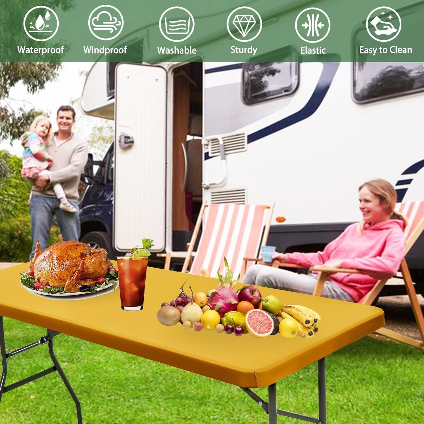 10 Pack 6 Foot Picnic Table Cover Fitted Outdoor Tablecloth for Rectangle Tables Elastic Waterproof Stretch Washable Patio Folding Spandex Table Cloth for Camping Banquet Parties (Mustard,30" x 72")