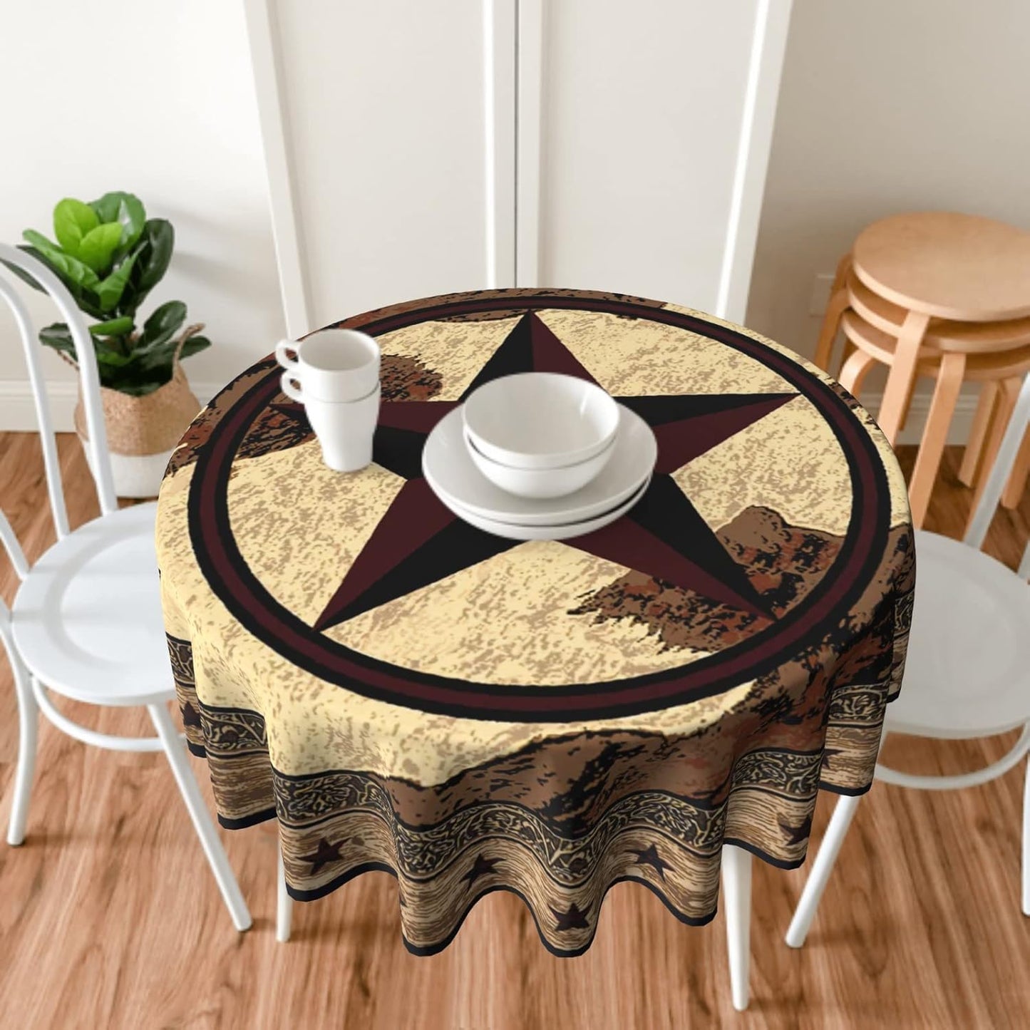 Giwawa Western Texas Star Tablecloth Round- Rustic Stars on Vintage Brown Wood Board Print- 60" Cabin Country Style Heat Resistant Table Cloth Cover for Kitchen Dining Indoor Outdoor Decor