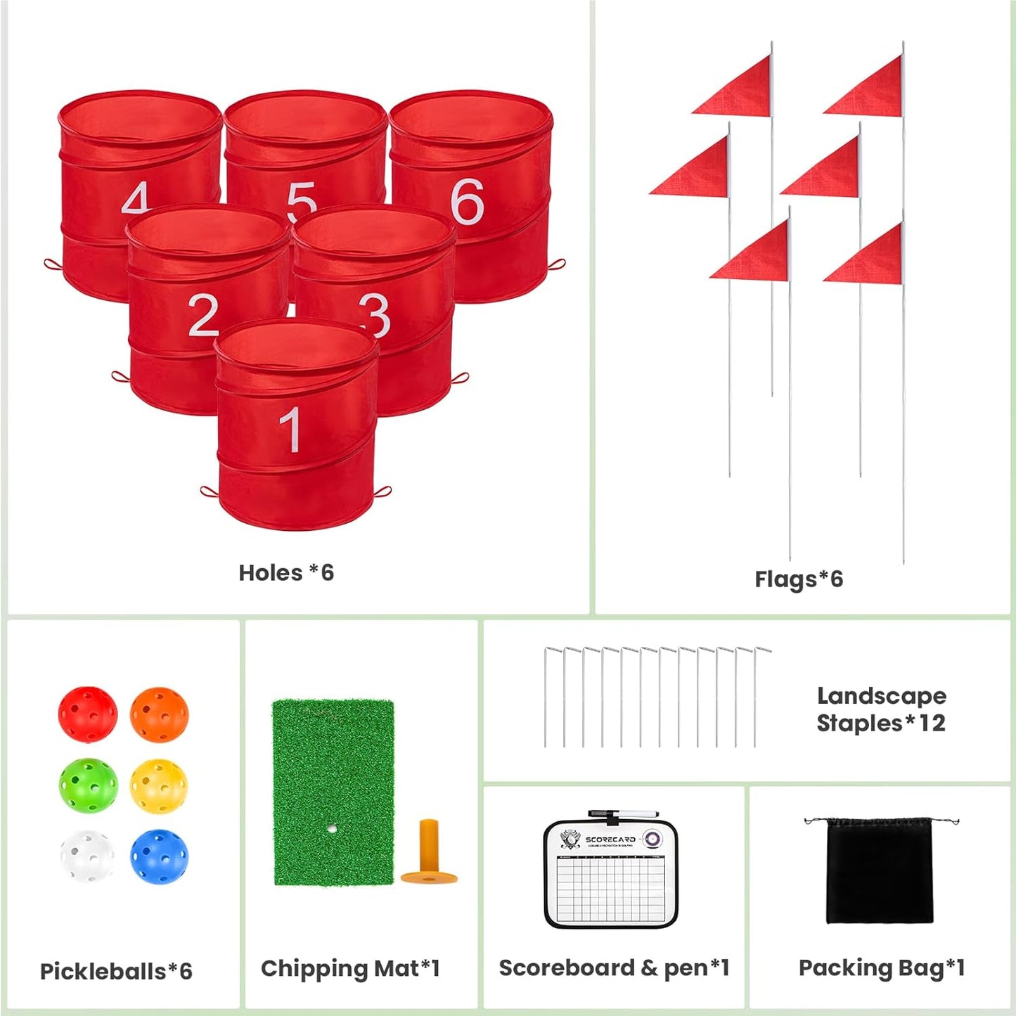 Golf Bucket Yard Game, Backyard Golf Game for Adults Kids, Portable 6 Hole Golf Course for Outdoor, Lawn, Park, Beach, Yard, Field Day, Family Reunion, Party Chipping Games