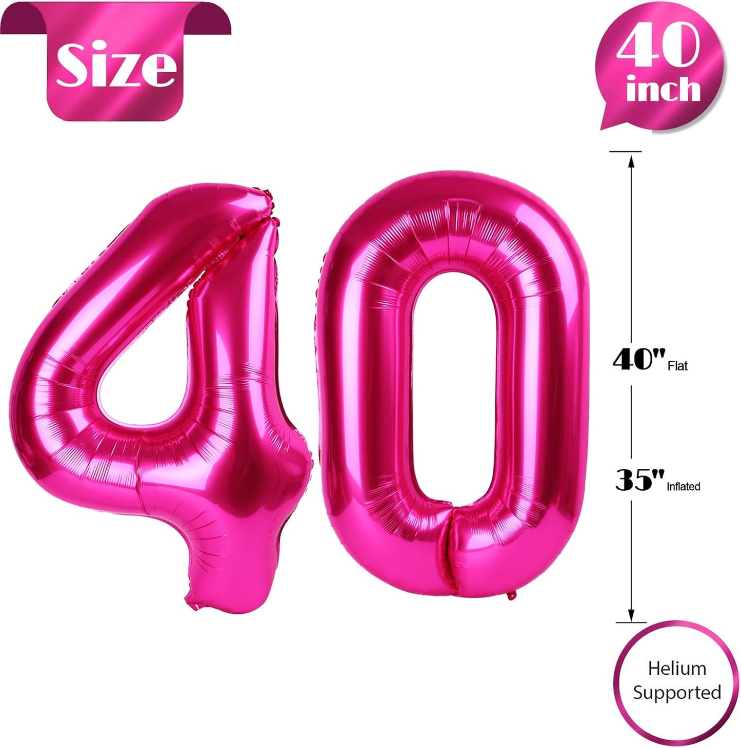 Hot Pink Number 40 Balloon 40 inch, 40 Number Balloons, 40th Birthday Decorations, 40 Year Old Women Hot Pink Party Supplies