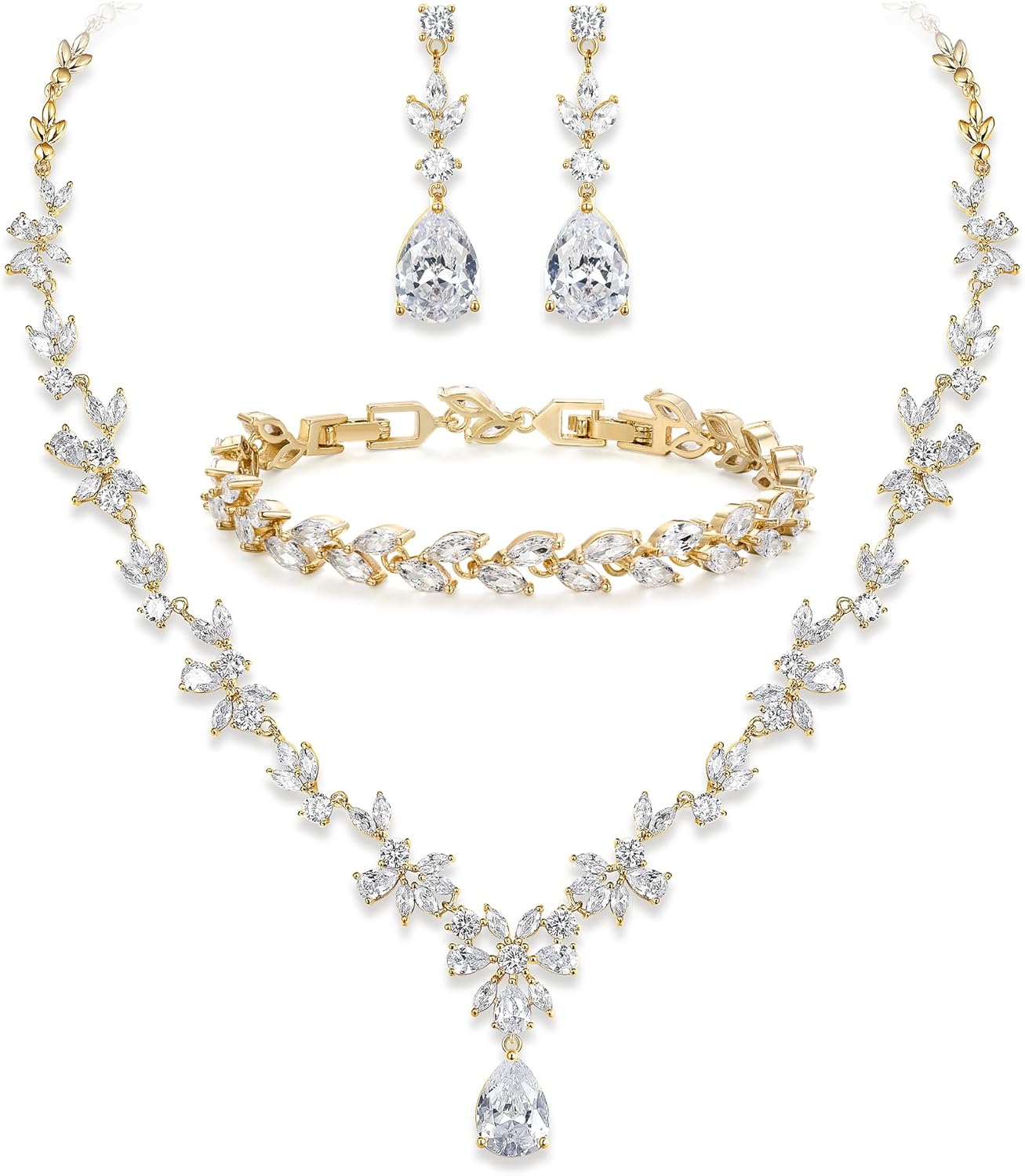 Crysdue Wedding Jewelry Set for Women, Floral Leaf Vine Teardrop Necklace Dangle Earrings Bracelet and Hair Comb, Cubic Zirconia Elegant Party Prom Jewellery for Bridal Bridesmaid
