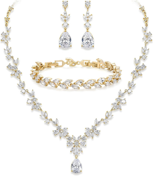 Crysdue Wedding Jewelry Set for Women, Floral Leaf Vine Teardrop Necklace Dangle Earrings Bracelet and Hair Comb, Cubic Zirconia Elegant Party Prom Jewellery for Bridal Bridesmaid