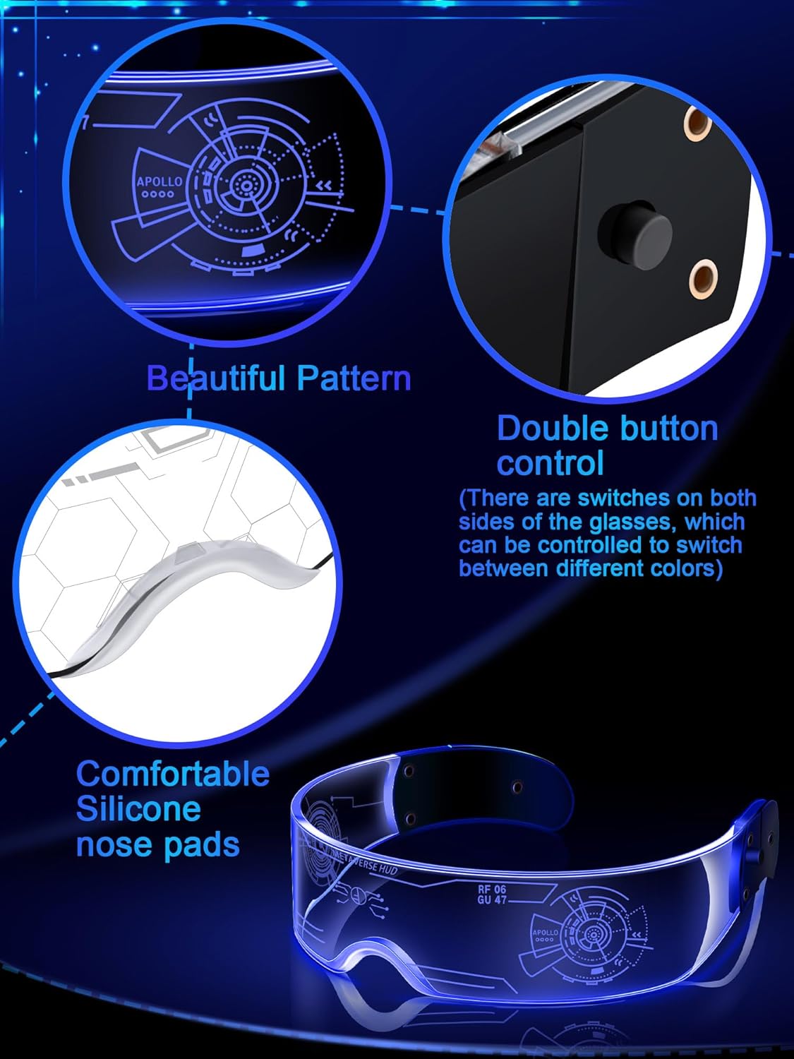 TOODOO 4 Pairs LED Visor Glasses Light up Glasses Futuristic Luminous Rave Glasses 7 Colors 4 Modes for Club Christmas Party