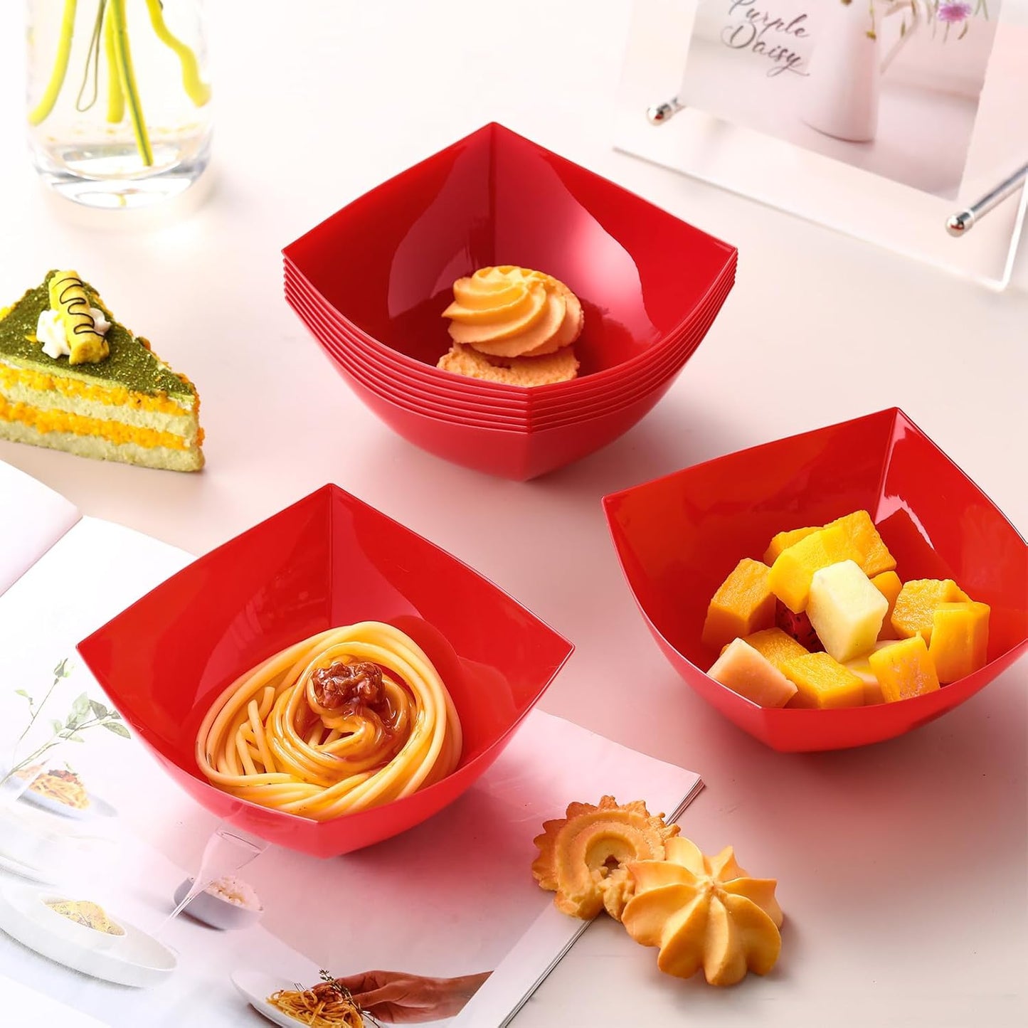 Tanlade 50 Pcs Square Plastic Serving Bowls Disposable Snack Salad Bowl Small Party Candy Bar Containers Taco Bar Serving Dishes for Buffet Chips Fruit(8 oz,Red)