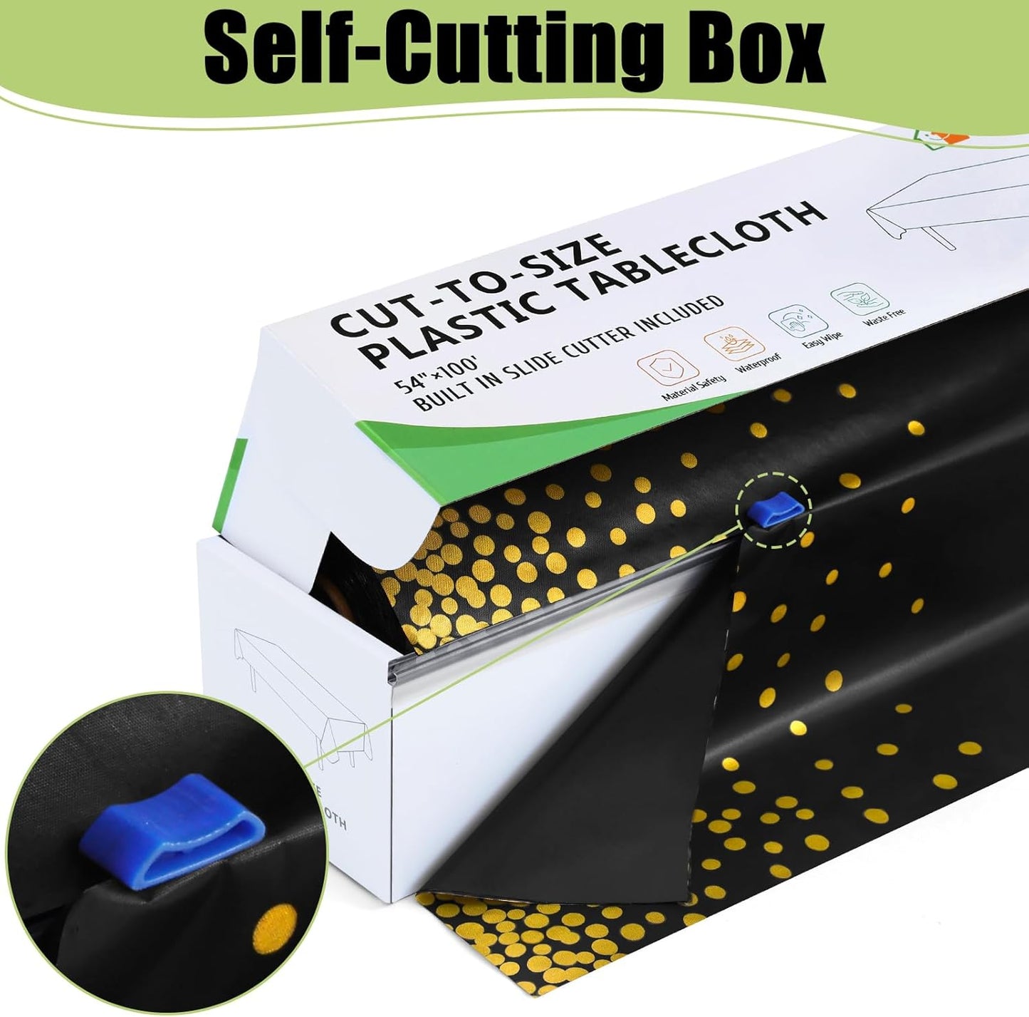 Smiry 54 Inch x 300 Feet Disposable Table Cover Roll, Black & Gold Plastic Table Cloth in Cut-to-Size Box with Slide Cutter, Waterproof Rectangle Tablecloths for Weddings, Banquets, Outdoor
