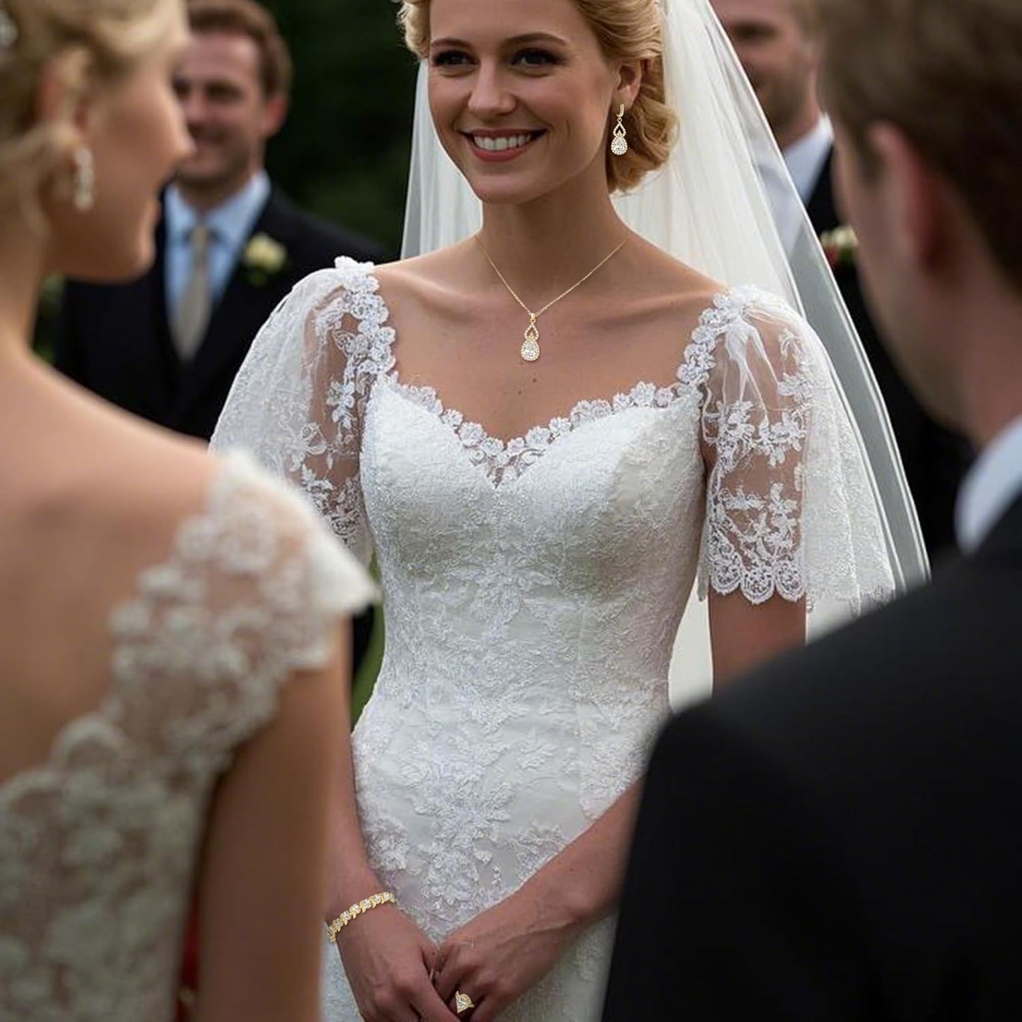 BriLove Wedding Jewelry Set for Women Bride Bridesmaid, Gorgeous Cubic Zirconia Teardrop Necklace Earrings Bracelet Adjustable Ring Jewelry Gift for Birthday/Anniversary/Mother’s Day