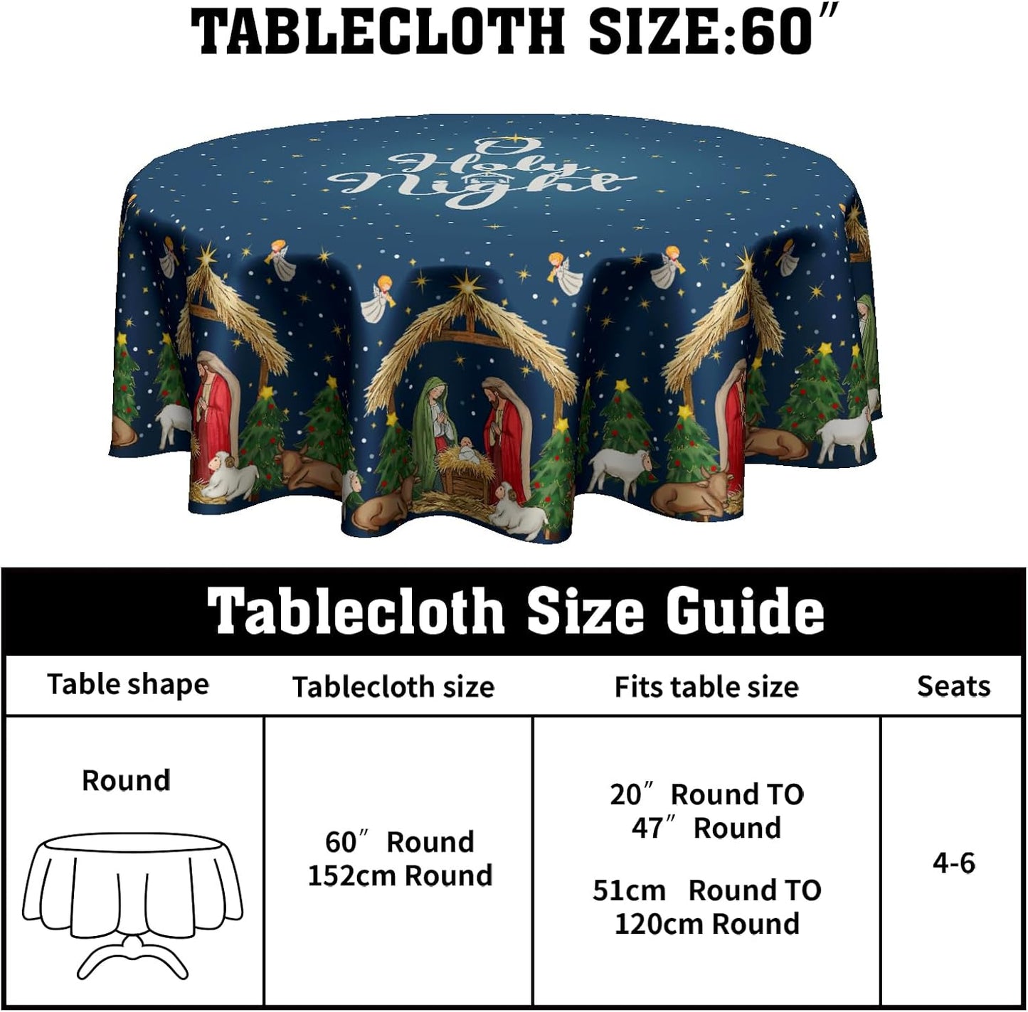 Giwawa 60inch Xmas Decorative Round Tablecloth Blue Holy Night Table Cloth for Kitchen Dining Washable Stain Resistant Polyester Table Cover for Holiday New Year Picnic Indoor Outdoor