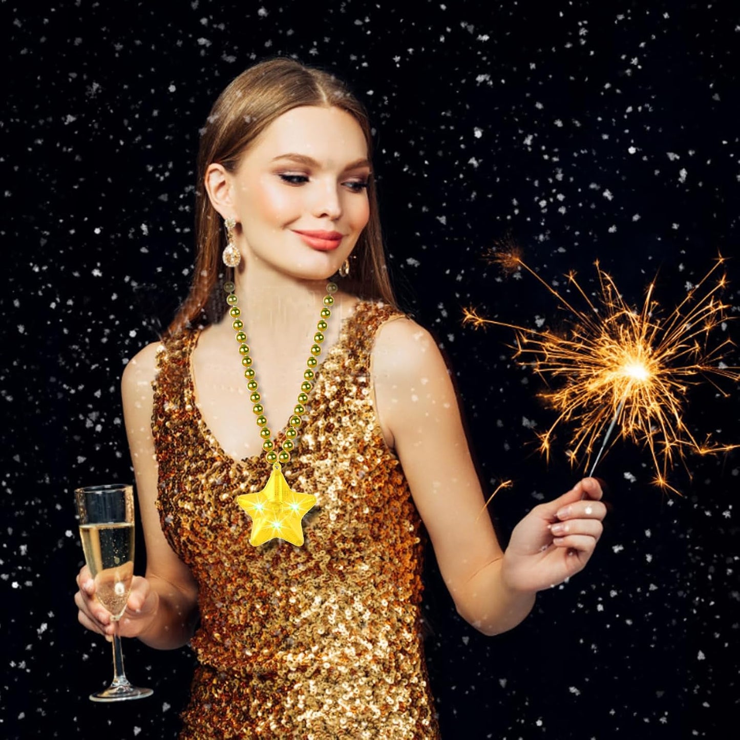 6 Pack Yellow LED Glow Star Necklace Bulk Beaded Necklaces for Halloween Christmas Decorations Mardi Gras Party Favors