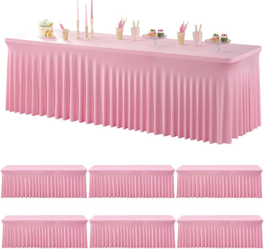 6 Pack Spandex Baby Pink Tablecloths for 8 Foot Rectangle Tables, Fitted Table Cloths 8ft Stretchy Table Clothes for Parties Weddings Birthday Banquet Baby Shower