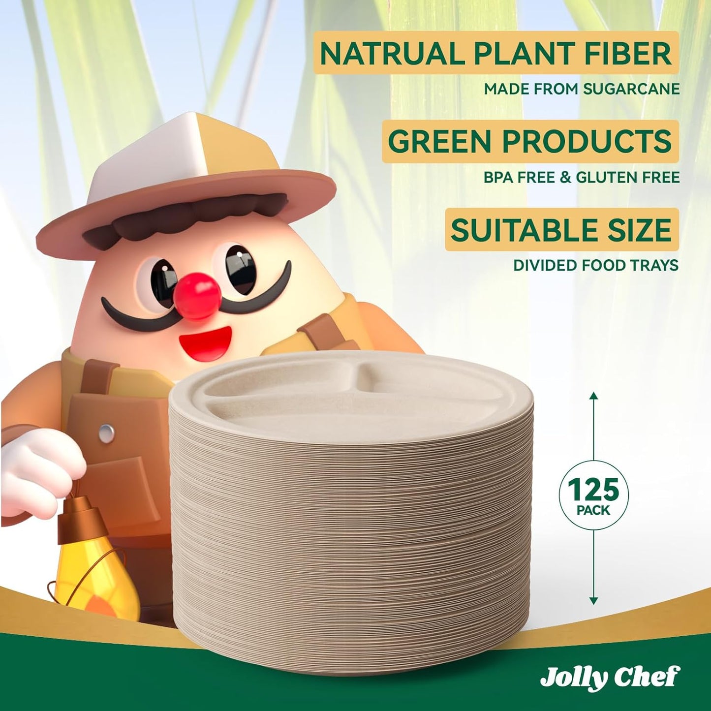 JOLLY CHEF Compostable 𝟯 Compartment Paper Plates 𝟭𝟬 𝗜𝗻𝗰𝗵 [𝟭𝟮𝟱 𝗣𝗮𝗰𝗸] Heavy Duty Divided Disposable Eco-Friendly Bagasse Biodegradable Round Trays for Party Dinner Thanksgiving Day(Brown)