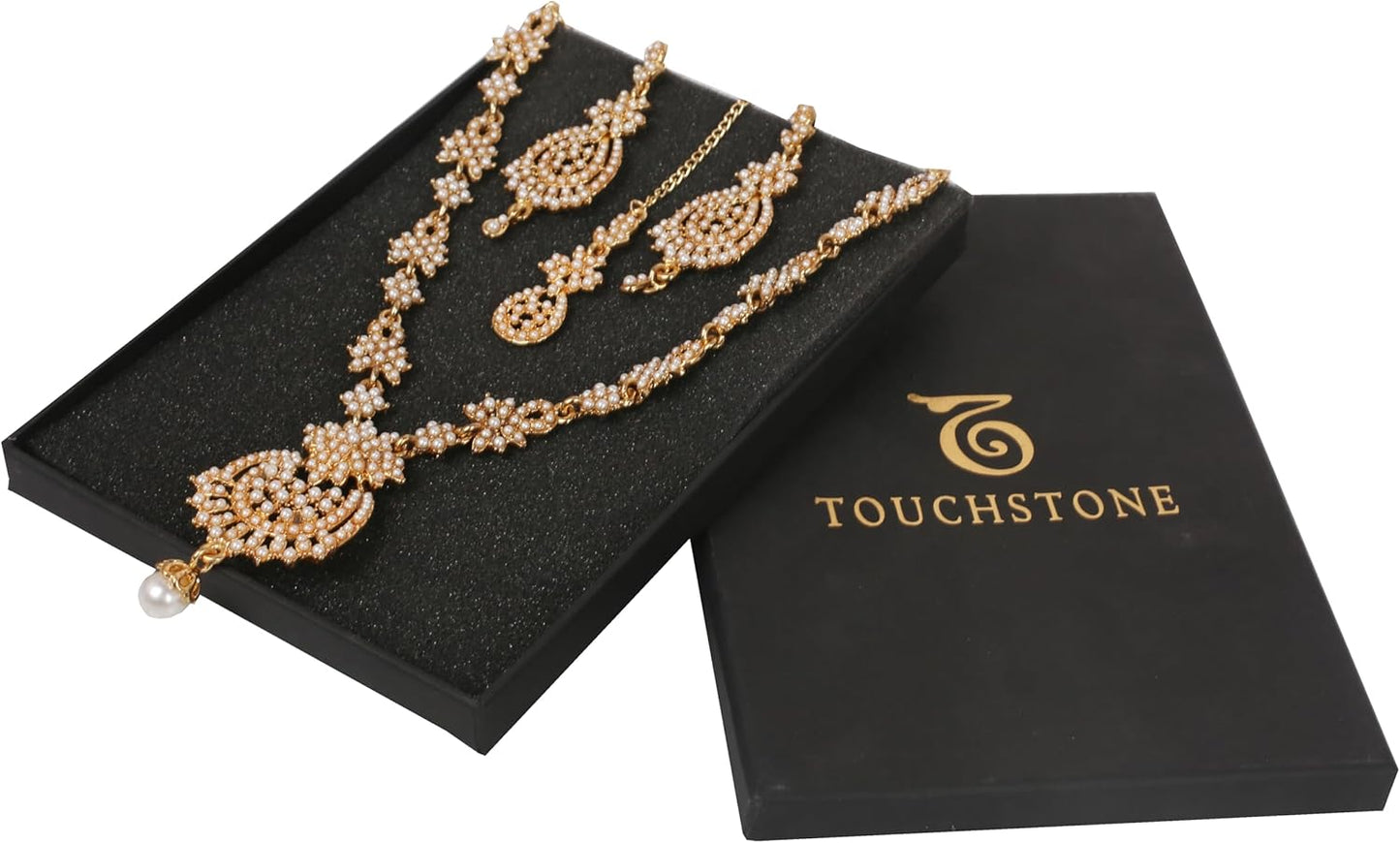 Touchstone Indian jewelry sets for women maang tikka wedding guest gold necklace bollywood jewellery set pageant elegant prom bride accessories western crystal chunky rhinestone necklaces