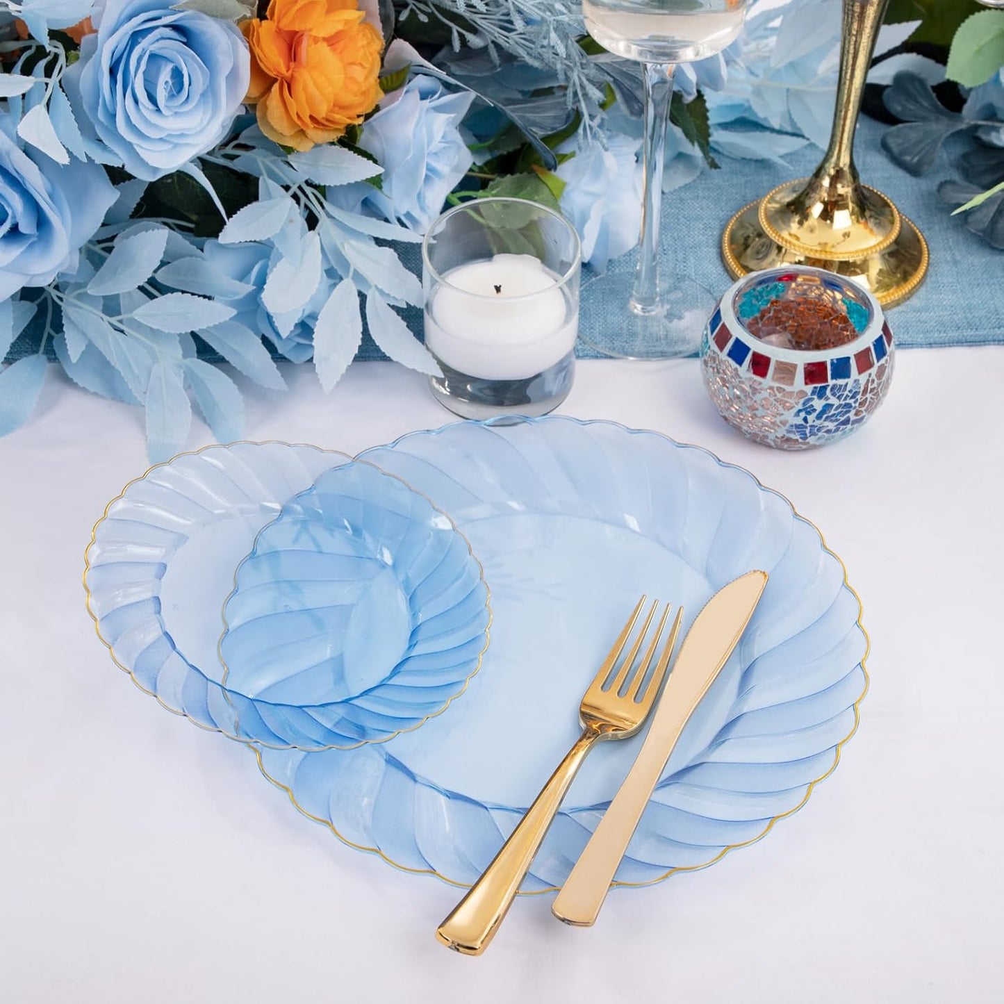 YOUBET 125PCS Clear Blue Gold Plastic Plates - Blue Disposable Plates With Gold Rim Include 25 Dinner Plates 25 Dessert Plates 75 Golden Silverwares for Wedding Birthday & Parties