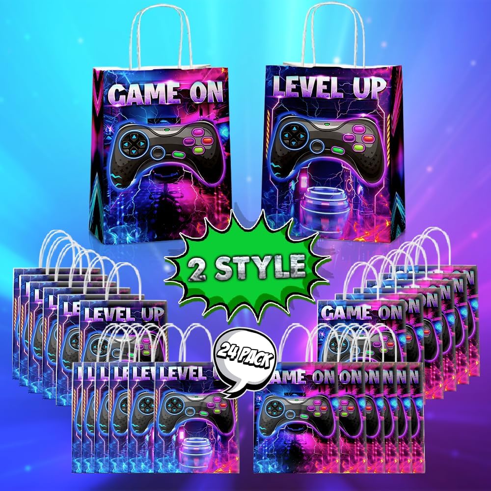 JOYGATHER 24 Pcs Gamer Party Favors Bags with Handles, Video Game Goodie Bags, Gift Bags, Candy Bags with 2 Different Types, Gaming Kraft Paper Bags for Birthday Party Supplies Baby Shower Decorations
