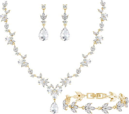 Bridal Wedding Elegant Floral Jewelry Set for Women/Brides/Bridesmaids Crystal Jewelry Set for Wedding Prom Party Bridal Crystal Necklace Earrings Bracelet Set