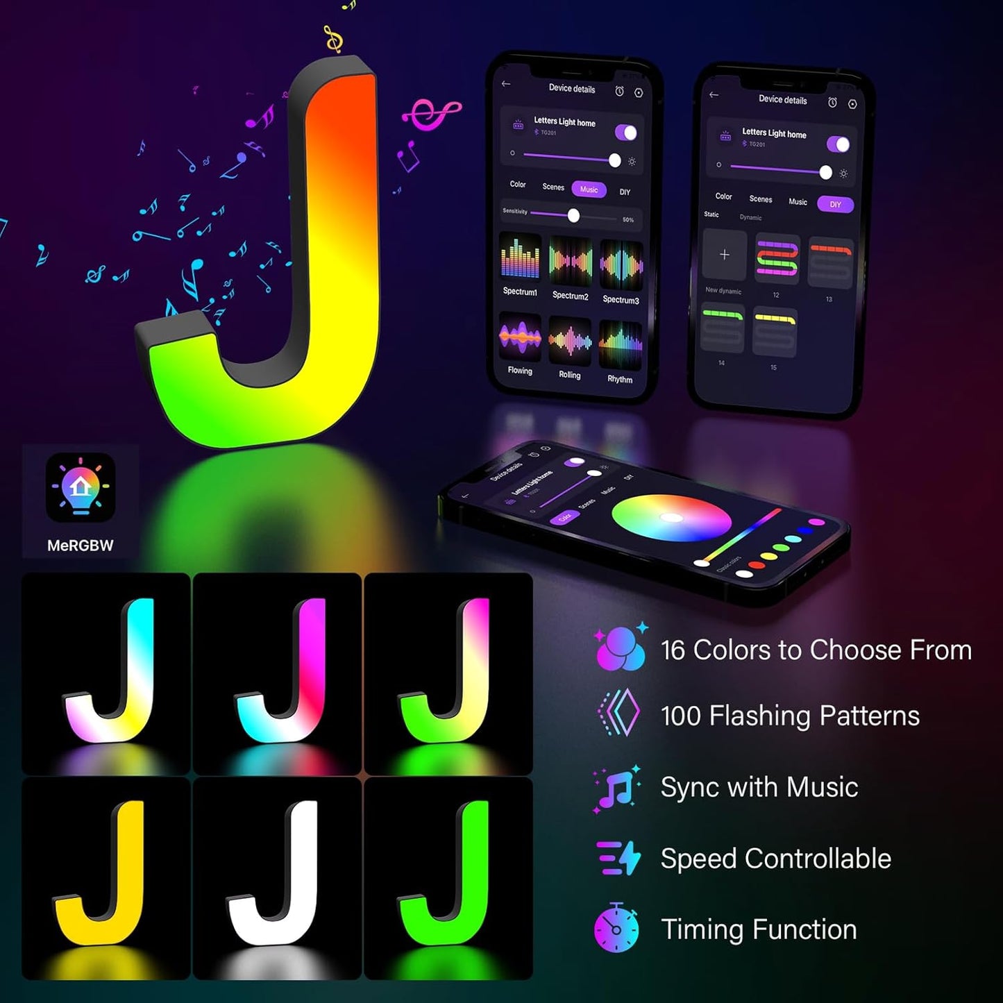 Light Up Letters Marquee Letter - Music Sync RGB Color Changing LED Lights Letter Logo Game Lights for Girls Women Party Birthday Christmas Valentine's Day Wall Desktop Decoration (MRGB-J)