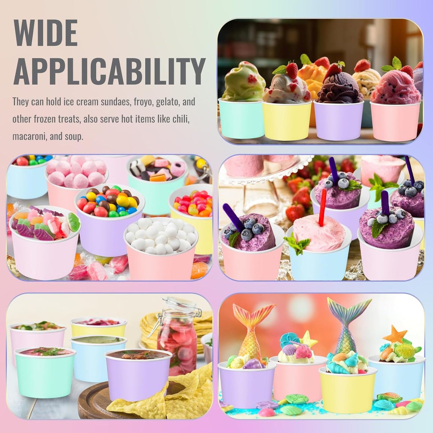 Paper Ice Cream Cups 9oz Colored Disposable Dessert Bowls for Hot or Cold Food Party Cups for Birthday Baby Shower Easter Party Supplies(Pastel Color,180 Pcs)