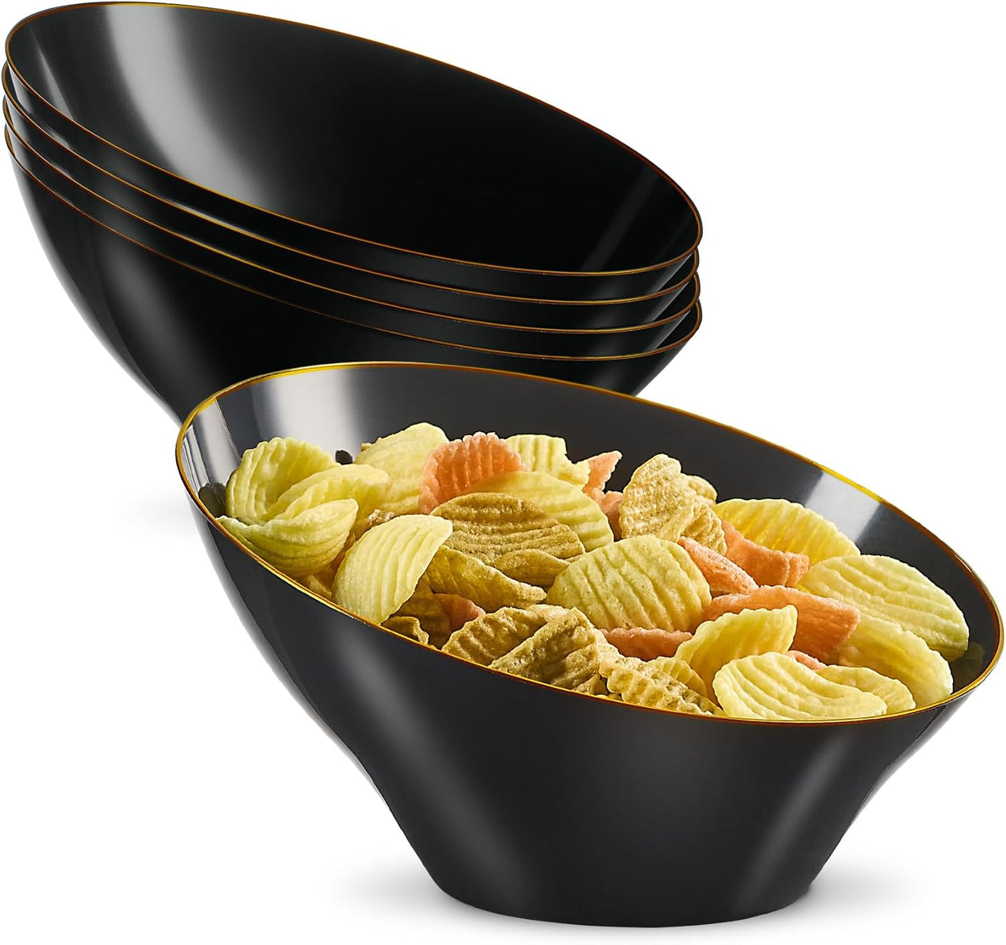 PLASTICPRO Angled Plastic Bowls Disposable Medium Plastic Black Serving Bowls with Gold Rim for Party for Appetizer Salads Pack of 4