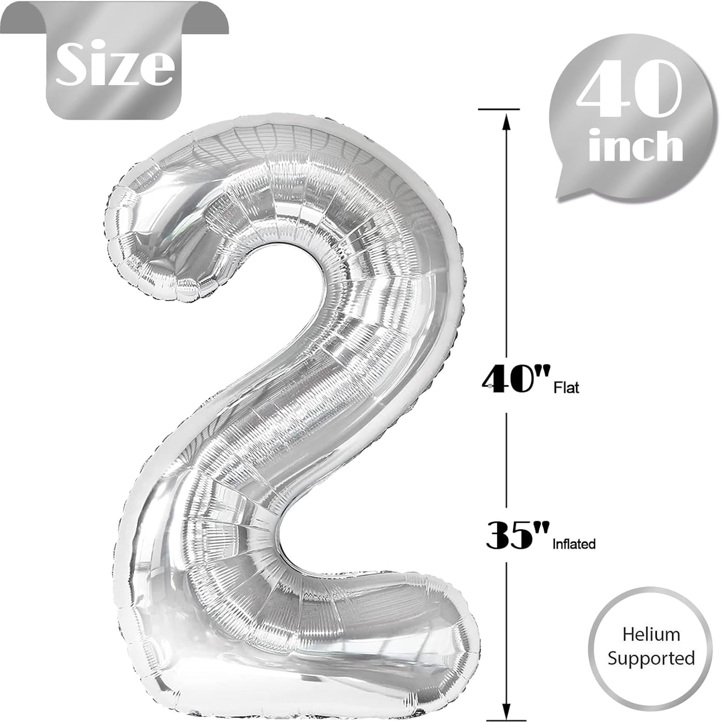Silver Number 2 Balloon 40 Inch, 2nd Birthday Decoration for Toddlers Girls Boys, Sparkling 2 Number Balloon Party Decor