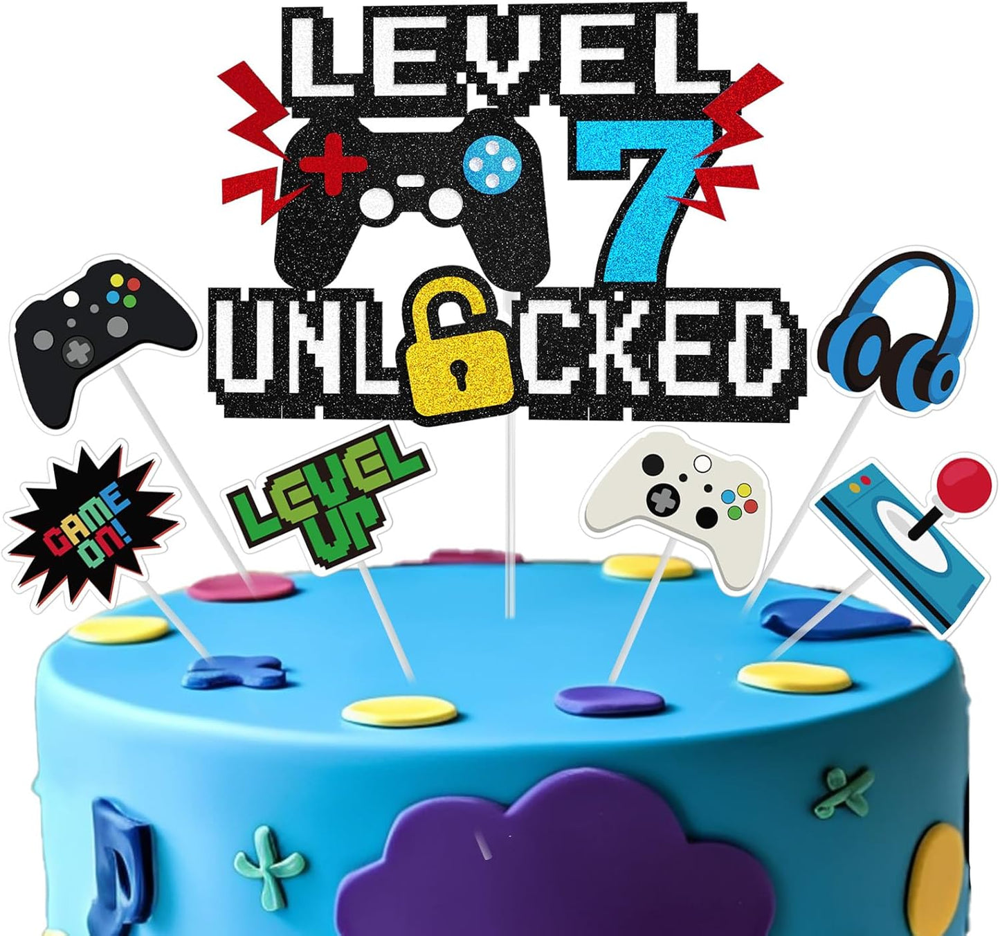 Video Game Cake Topper, Level 7 Unlocked Cake Toppers, Happy 7th Birthday Game Party Decorations for Boys Girls, Video Game Controller Themed Birthday Party Supplies for Game Fans, Kids and Men