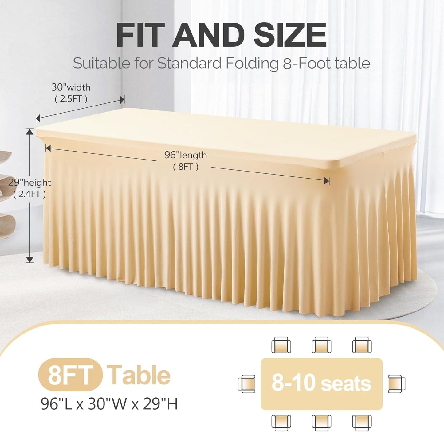 PARTISKY Champagne Spandex Tablecloth for 8ft Rectangle Tables, Stretchable Table Cover Skirt for Folding Tables Weddings Parties Banquets Events Trade Shows and Dessert Table