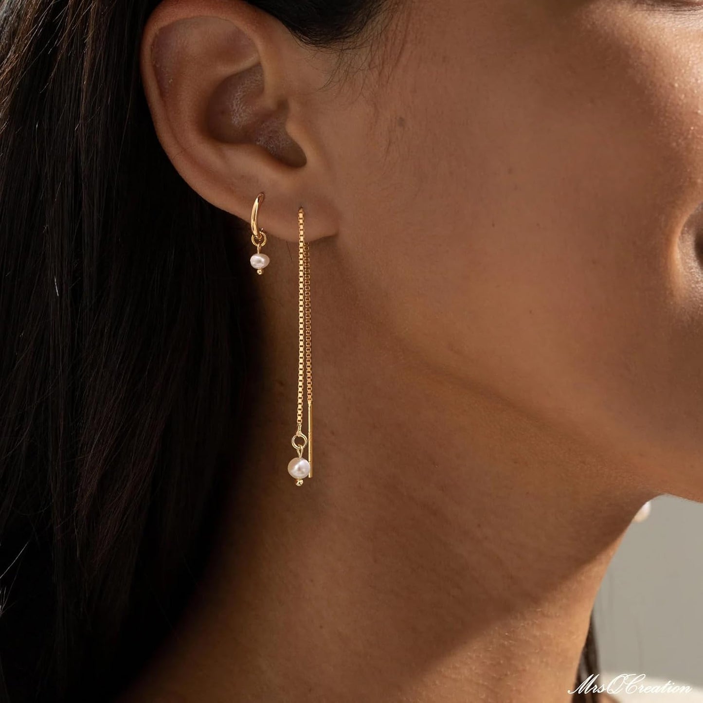 Moodear Gold Earrings for Women No Tarnish - Trendy 14K Gold Plated Pearl Hoop Studs Chain Earrings Stacks for Women Wedding Jewelry Gift