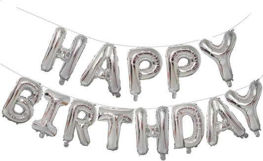 KALOR Silver Happy Birthday Balloons Banner, 16 Inch Mylar Foil Letters Balloon Sign for Women, Men, Boys & Girls Kids Birthday Decorations Photo Backdrop