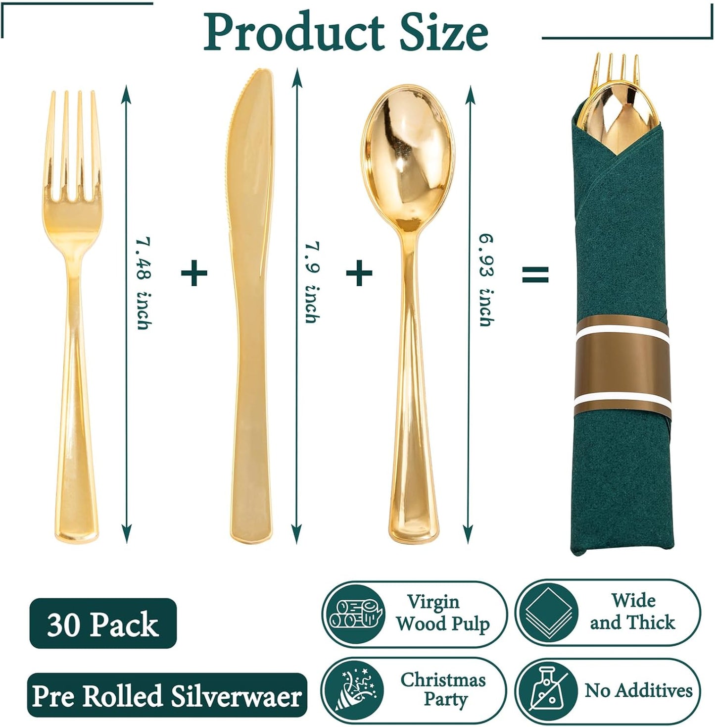 Supernal Gold Plastic Silverware with Green Napkins,Gold Silverware Disposable,Wrapped Plastic Cutlery Set with Napkin,Pre Rolled Silverware Set Disposable,Christmas Cutlery Suitable for 30 Guests