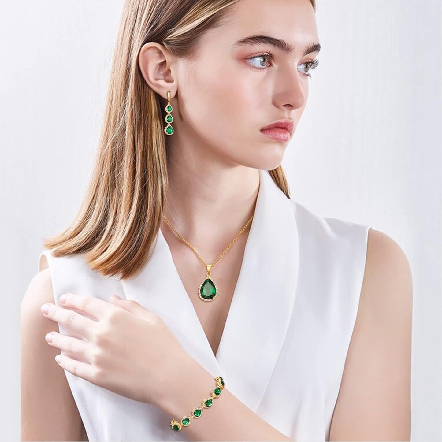 EleQueen Water Drop Pendant Necklace Long Dangle Earrings Tennis Bracelet Set, Sparkle Cubic Zirconia Teardrop Wedding Jewelry Sets for Bride Bridesmaid