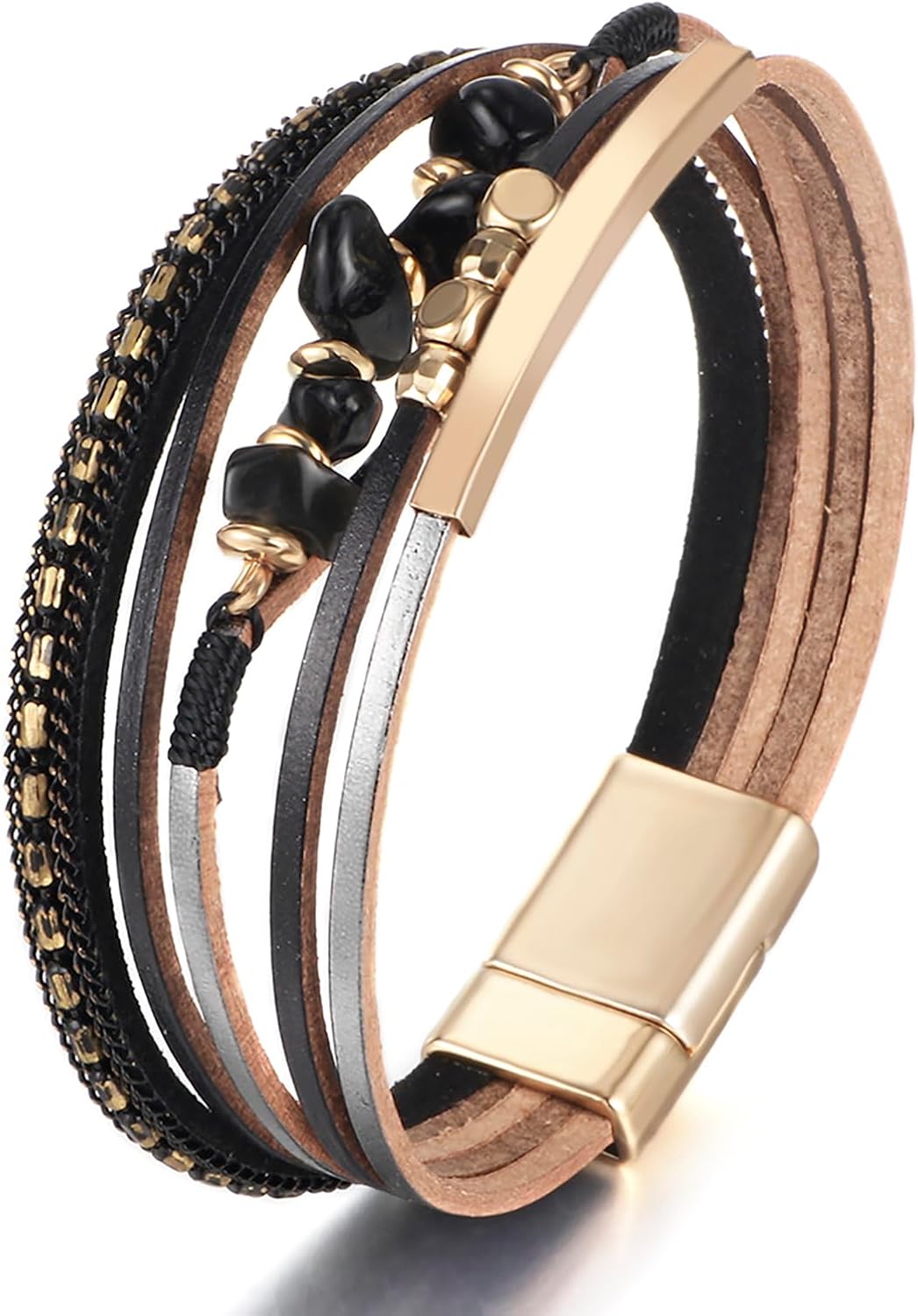 Fesciory Leather Wrap Bracelets for Women, Boho Leopard Multi-Layer Crystal Beads Cuff Bracelet Jewelry