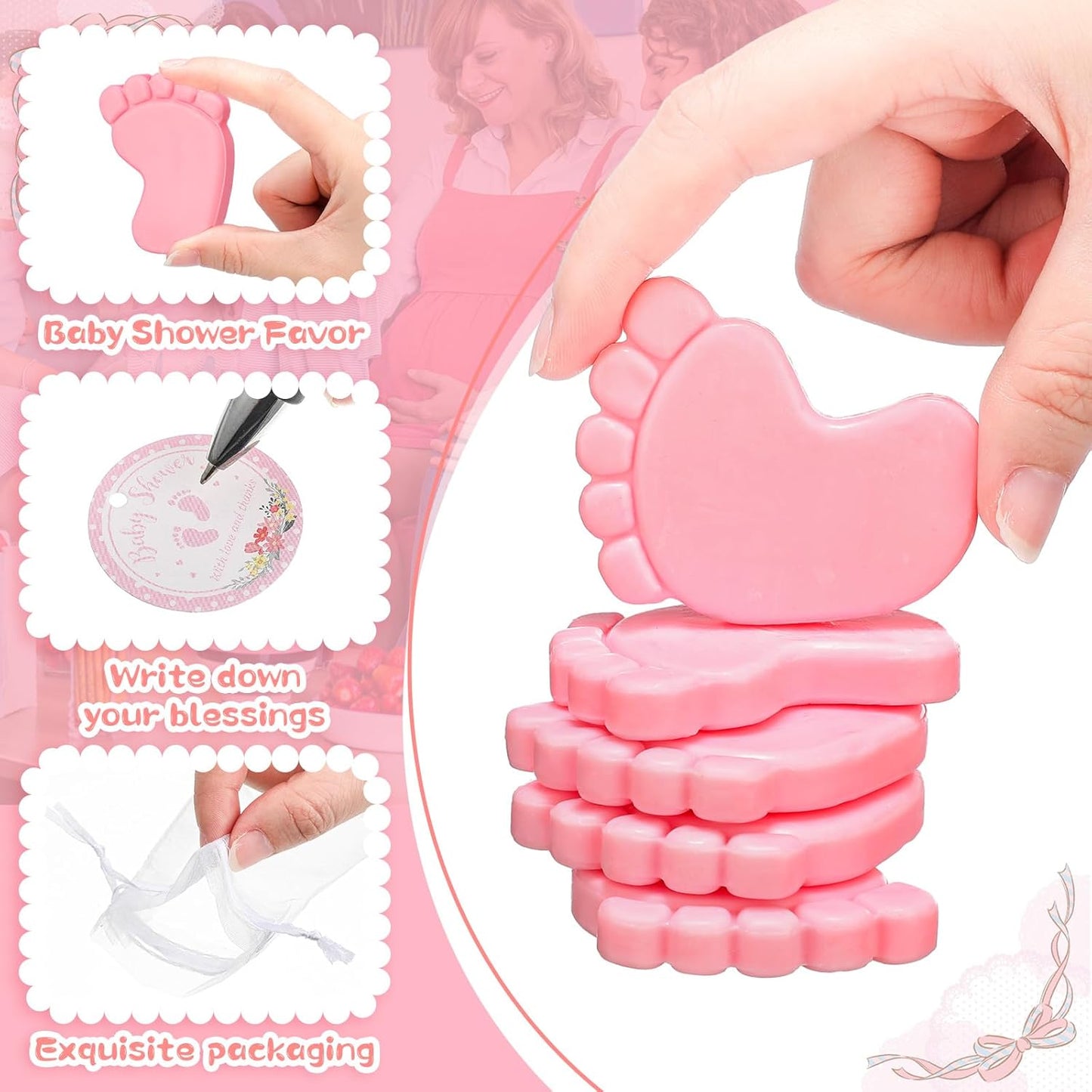 50 Sets Baby Shower Favors Handmade Baby Feet Scented Soap Party Favors for Guests Gifts with Organza Bags and Thanks Tags Wedding Party(Pink)