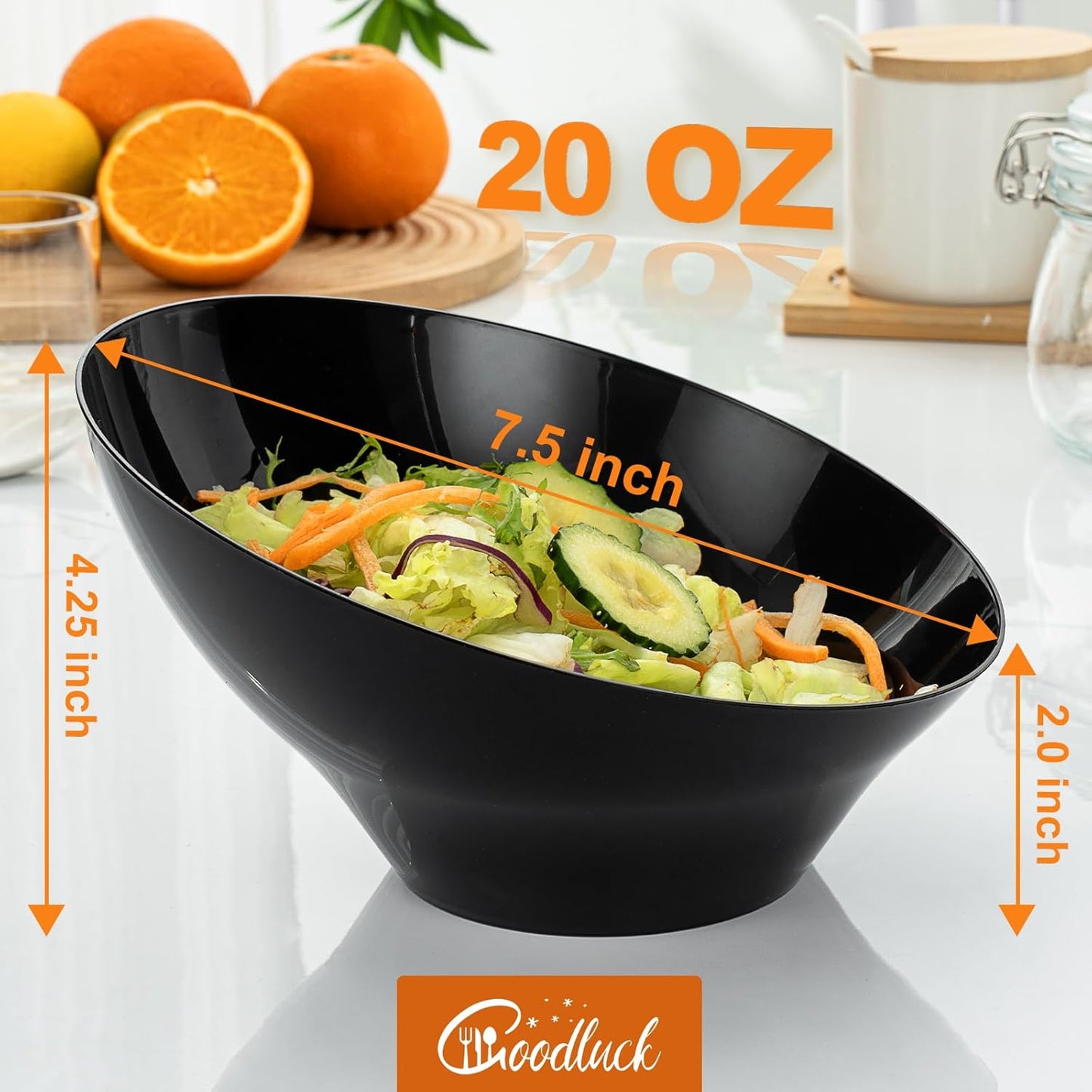 Goodluck 12 Pack Black Plastic Serving Bowls for Party - 20 OZ Angled Disposable Serving Bowls for Wedding Party Chip, Candy, Salad & Fruit
