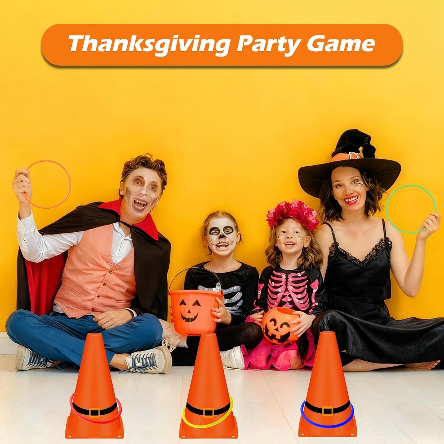 24 PCS Fall Festival Thanksgiving Ring Toss Game Kit 6 Orange Black Cones 18 Toss Rings - Outdoor/Indoor Carnival Party for School, Family Party Favors & Throwing Toy